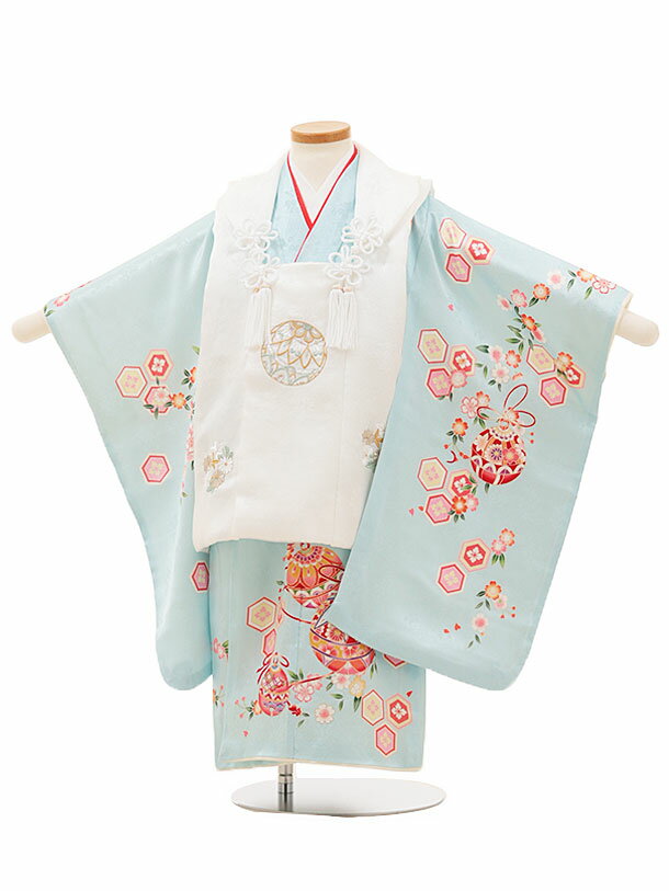 七五三 着物 3歳 レンタル 七五三 3歳 被布 セット 4434【正絹】白刺繍鞠x水色亀甲鈴 女の子 七五三レンタル 3歳 女児 被布 七五三 三歳女児 被布...