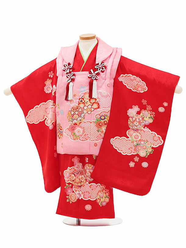 七五三 着物 3歳 レンタル 七五三 3歳 被布 セット 4441【正絹】ピンクx赤雲取り鞠 女の子 七五三レンタル 3歳 女児 被布 七五三 三歳女児 被布コ...