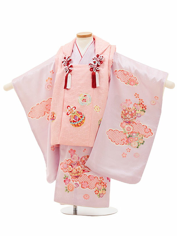 七五三 着物 3歳 レンタル 七五三 3歳 被布 セット 4442【正絹】ピンクxうす紫雲取り鞠 女の子 七五三レンタル 3歳 女児 被布 七五三 三歳女児 被...