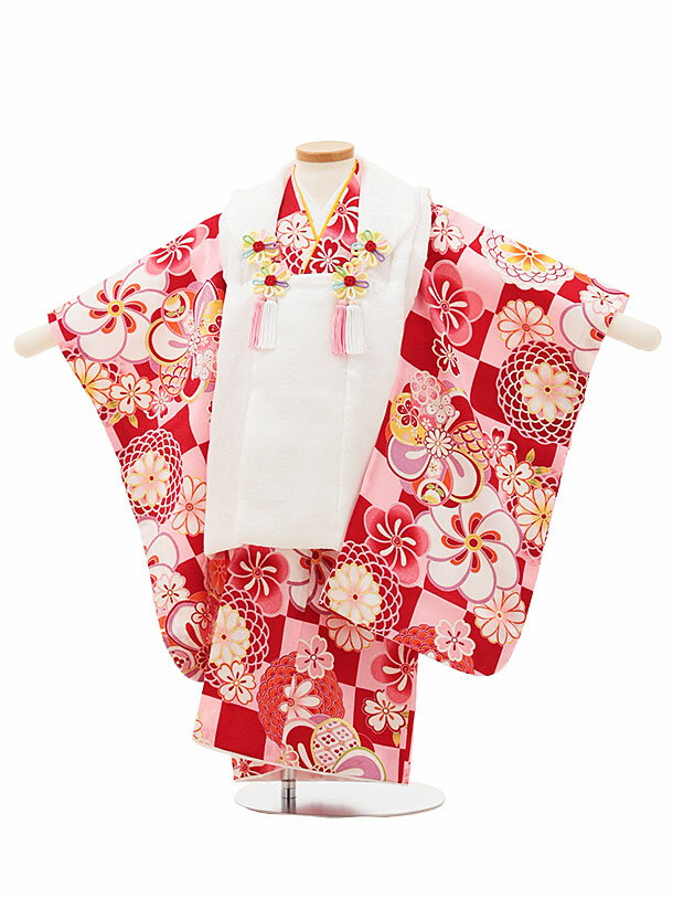 七五三 着物 3歳 レンタル 七五三 3歳 被布 セット 4443【正絹】白x赤市松菊 女の子 七五三レンタル 3歳 女児 被布 七五三 三歳女児 被布コート ...