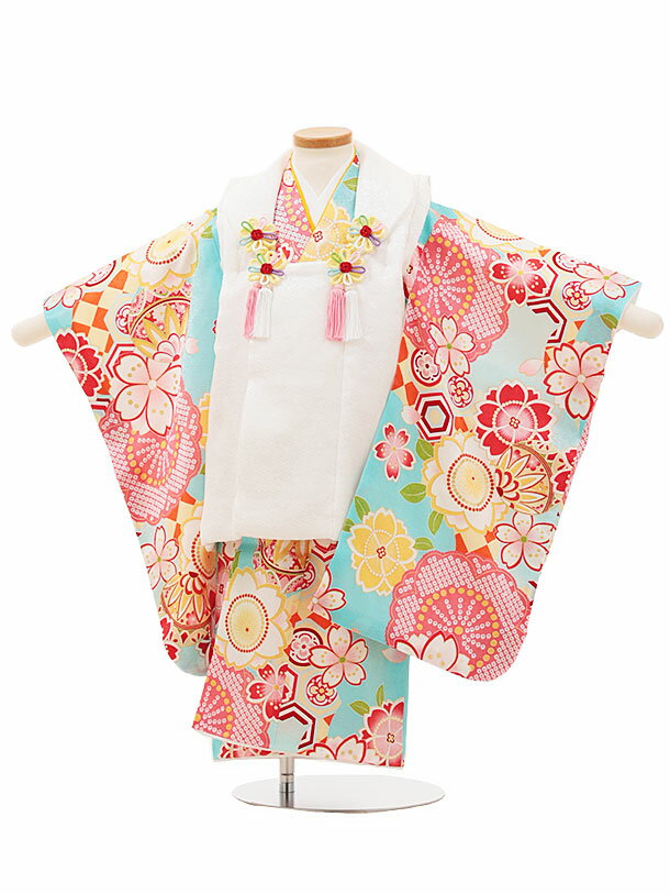 七五三 着物 3歳 レンタル 七五三 3歳 被布 セット 4444【正絹】白x水色桜鞠 女の子 七五三レンタル 3歳 女児 被布 七五三 三歳女児 被布コート ...