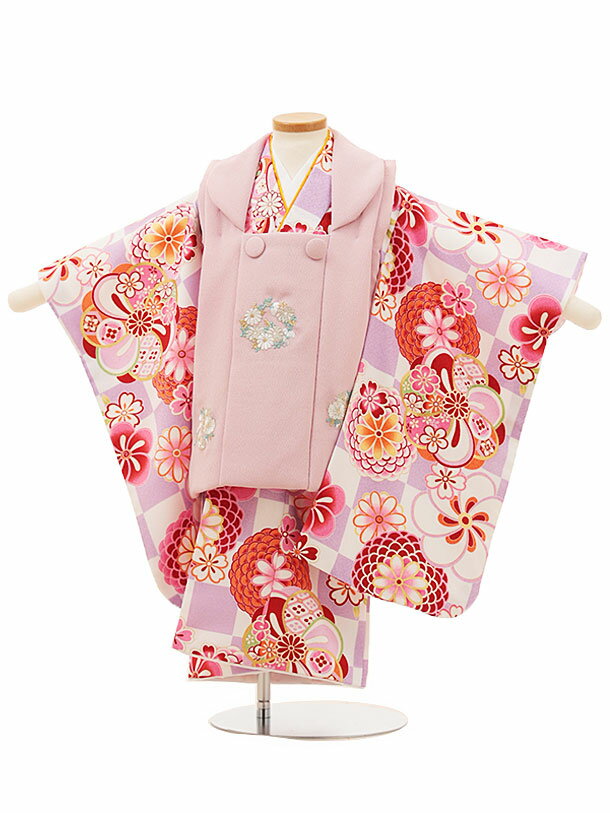 七五三 着物 3歳 レンタル 七五三 3歳 被布 セット 4454ピンク刺繍花丸xパープル市松花 女の子 七五三レンタル 3歳 女児 被布 七五三 三歳女児 被...