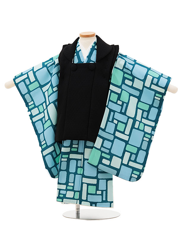 七五三 着物 3歳 男の子 被布 レンタル 男児 七五三 着物 七五三レンタル O037【pitapita】 rectangle 黒x水色 3歳 3才 3歳男の...