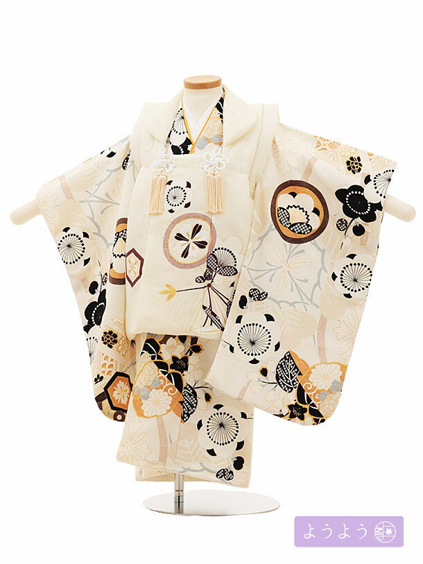 七五三 着物 3歳 男の子 被布 レンタル 男児 七五三 着物 七五三レンタル O085 【ようよう】 丸紋に松竹梅の桐クリーム×クリーム 3歳 3才 3歳男の...