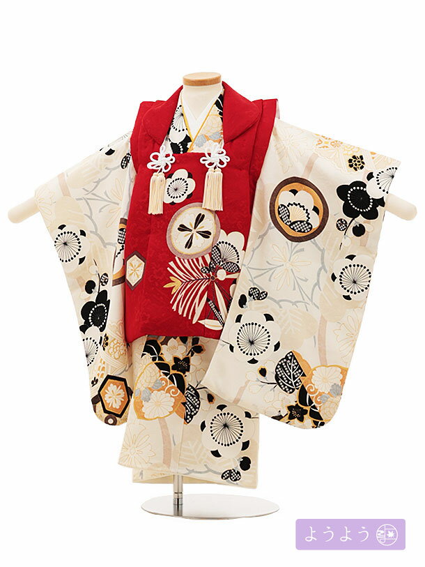 七五三 着物 3歳 男の子 被布 レンタル 男児 七五三 着物 七五三レンタル O086 【ようよう】 丸紋に松竹梅の桐赤×クリーム 3歳 3才 3歳男の子 男...