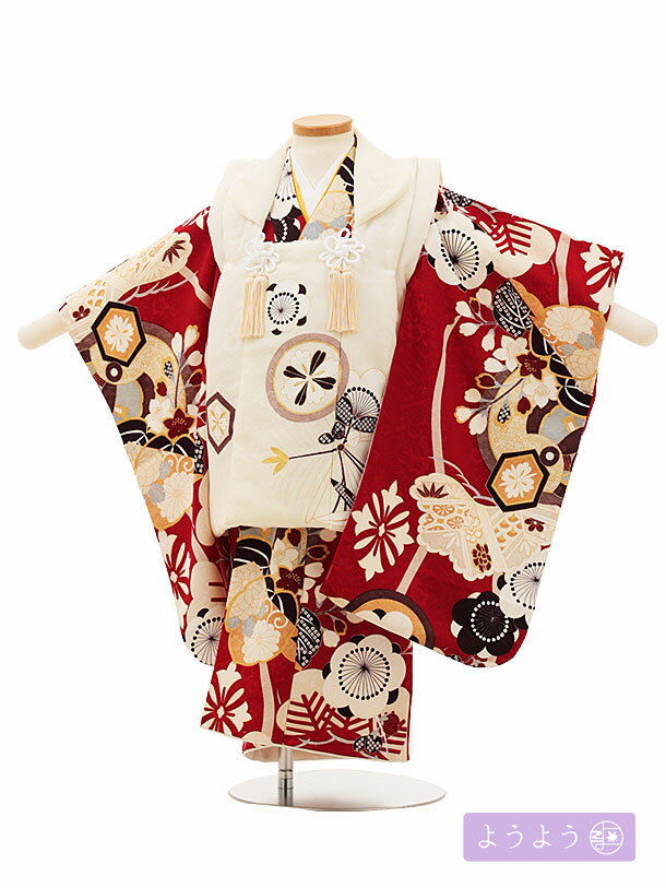 七五三 着物 3歳 男の子 被布 レンタル 男児 七五三 着物 七五三レンタル O091 【ようよう】 丸紋に松竹梅の桐クリーム×赤 3歳 3才 3歳男の子 男...