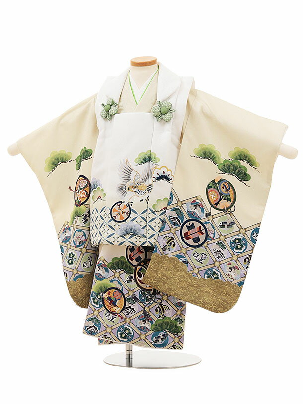 被布 レンタル 男児 七五三 被布 着物 レンタル 七五三 W129白松鷹xクリームベージュ吉祥文様 3歳男の子 七五三 男児 着物 3歳 子供 きもの 被布 ...