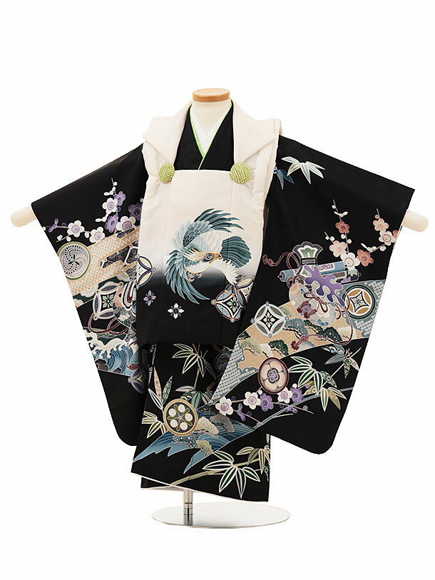 被布 レンタル 男児 七五三 被布 着物 レンタル 七五三 W134クリーム鷹x黒波に吉祥文様 3歳男の子 七五三 男児 着物 3歳 子供 きもの 被布 セット...