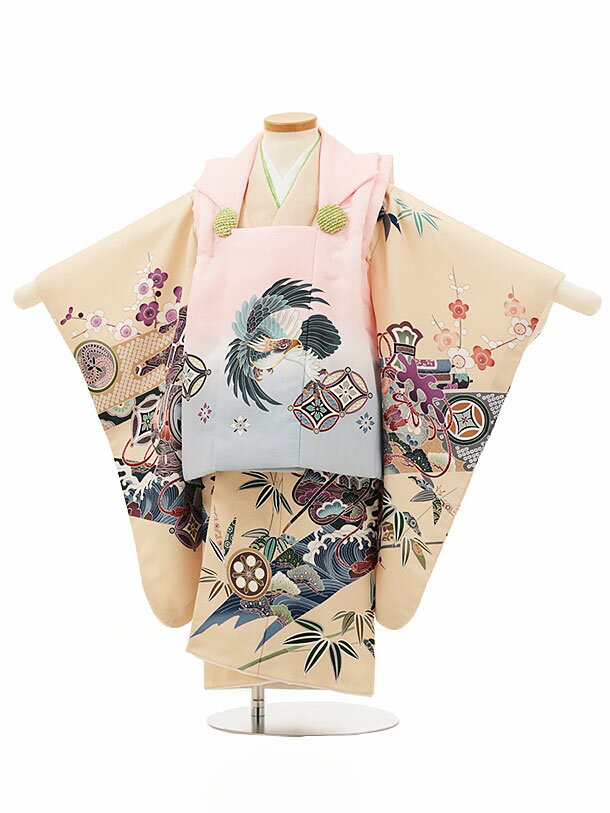 被布 レンタル 男児 七五三 被布 着物 レンタル 七五三 W135ピンク鷹xクリームベージュ波に吉祥文様 3歳男の子 七五三 男児 着物 3歳 子供 きもの 被布 セット お正月 和装 お祝い 3才 3歳 男の子 被布コート 新品足袋プレゼント 往復送料無料【レンタル】 2