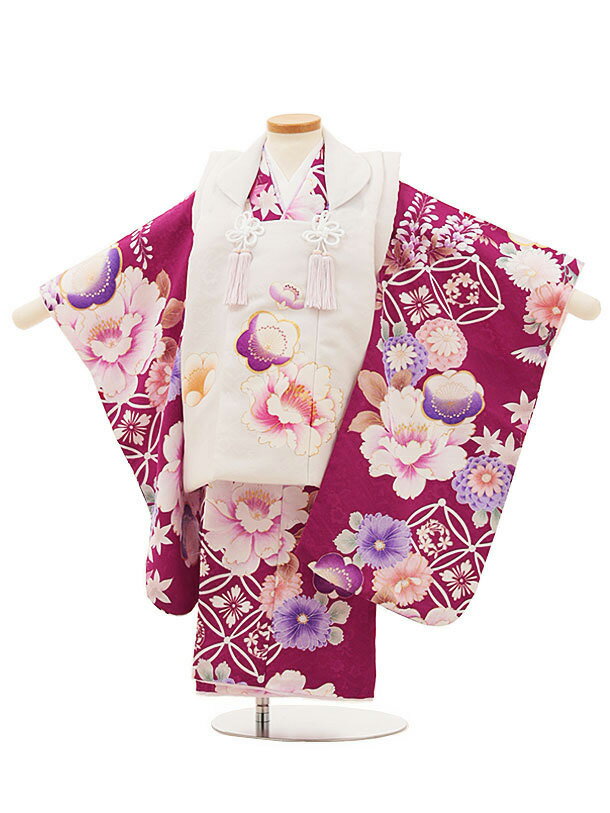 七五三 着物 3歳 レンタル 七五三 3歳 被布 セット 4483白xバーガンディ梅菊牡丹 女の子 七五三レンタル 3歳 女児 被布 七五三 三歳女児 被布コー...