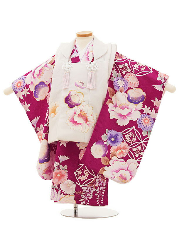 七五三 着物 3歳 レンタル 七五三 3歳 被布 セット 4484白xバーガンディ梅菊牡丹 女の子 七五三レンタル 3歳 女児 被布 七五三 三歳女児 被布コー...