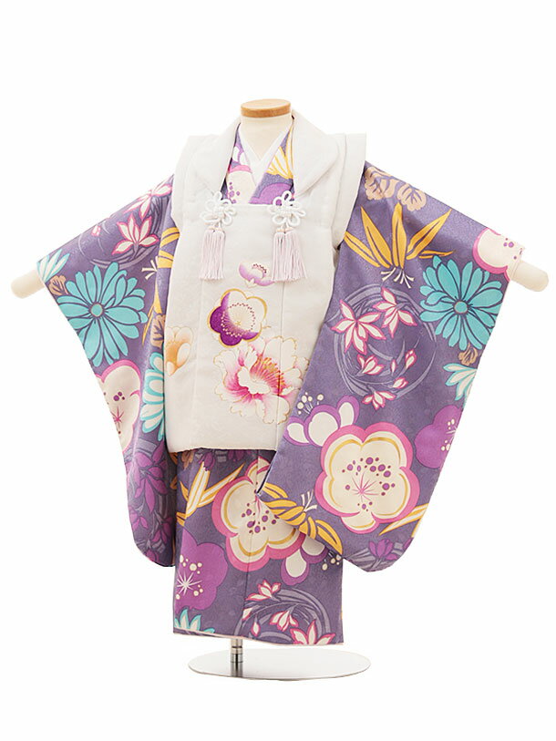 七五三 着物 3歳 レンタル 七五三 3歳 被布 セット 4490白xパープル梅菊 女の子 七五三レンタル 3歳 女児 被布 七五三 三歳女児 被布コート 子供...