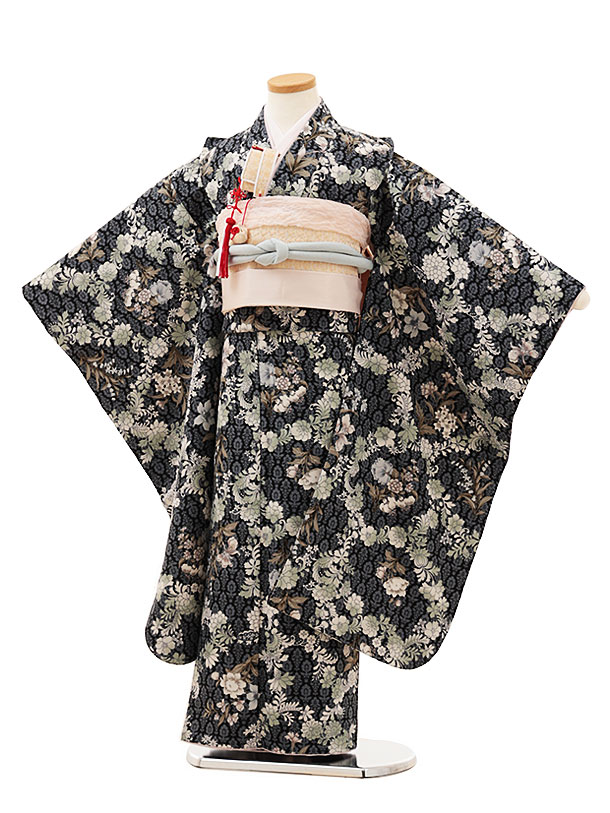 七五三 着物 7歳 フルセット レンタル 女の子 Y119 黒グレー ダマスク柄に花 753 子ども お祝い着 正月 7才 七才 七歳 女児 フルセットレンタル 7歳着物フルセット きものレンタル 新品足袋プレゼント 往復送料無料【レンタル】