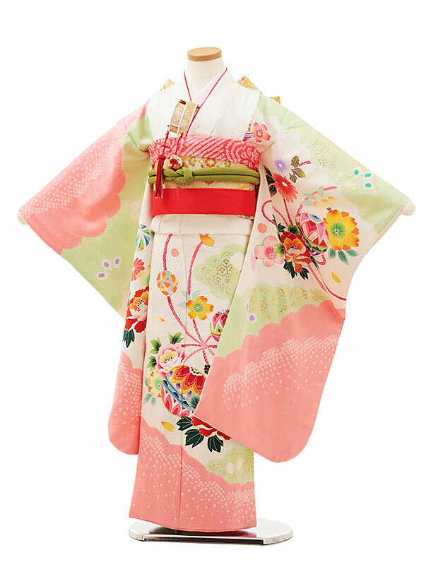 七五三 着物 7歳 フルセット レンタル 女の子 Y164【正絹】白地 ピンク雲取り まり 牡丹 753 子ども お祝い着 正月 7才 七才 七歳 女児 フルセットレンタル 7歳着物フルセット きものレンタル 新品足袋プレゼント 往復送料無料【レンタル】