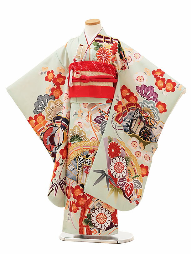 七五三 着物 7歳 フルセット レンタル 女の子 Y200　ペールグリーン桧扇に御所車 753 子ども お祝い着 正月 7才 七才 七歳 女児 フルセットレンタル 7歳着物フルセット きものレンタル 新品足袋プレゼント 往復送料無料【レンタル】