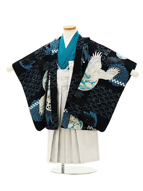【レンタル】着物 七五三(3歳男袴)W161 JAPANSTYLE 紺地青海波丸紋鷹 3歳 袴 フルセット 男の子 お祝い着 正月 3才 男児 きものレンタル〔往復送料無料〕