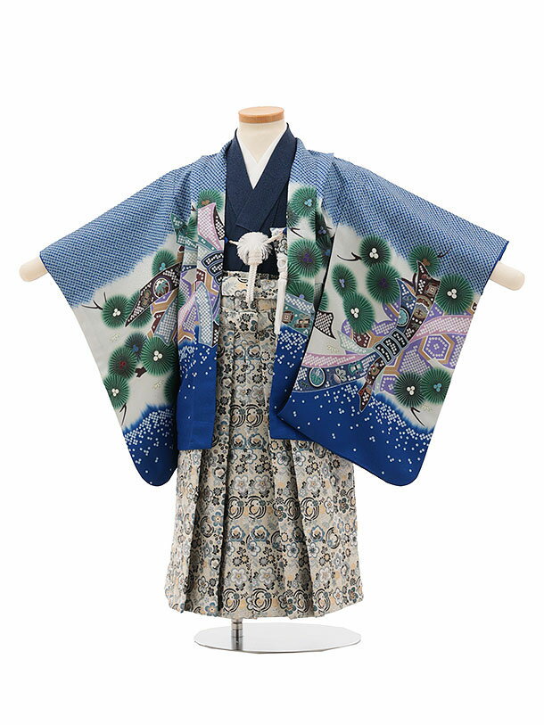 和服, 日式浴衣, 和风精品 - 【レンタル】着物 かんたん七五三(3歳男袴)W217 ブルー束ね熨斗に兜×白梅 3歳 袴（簡単着付け） フルセット 男の子 お祝い着 正月 3才 男児 きものレンタル〔往復送料無料〕