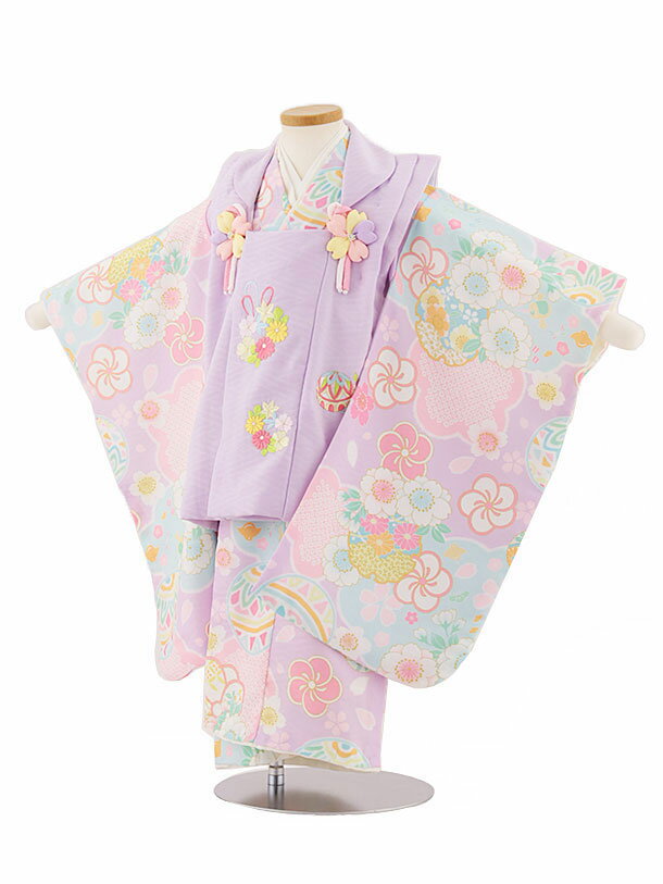 七五三 着物 3歳 レンタル 七五三 3歳 被布 セット 4560 パープル花刺繍×パステルパープルまりと花 女の子 七五三レンタル 3歳 女児 被布 七五三 ...