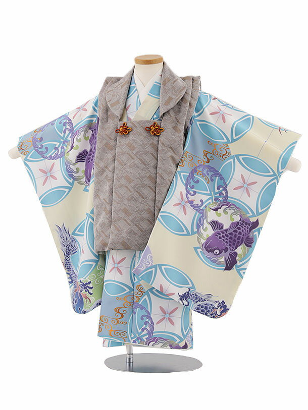 被布 レンタル 男児 七五三 被布 着物 レンタル 七五三 W261 グレーブラウン×クリーム 波に鯉と龍 3歳男の子 七五三 男児 着物 3歳 子供 きもの ...