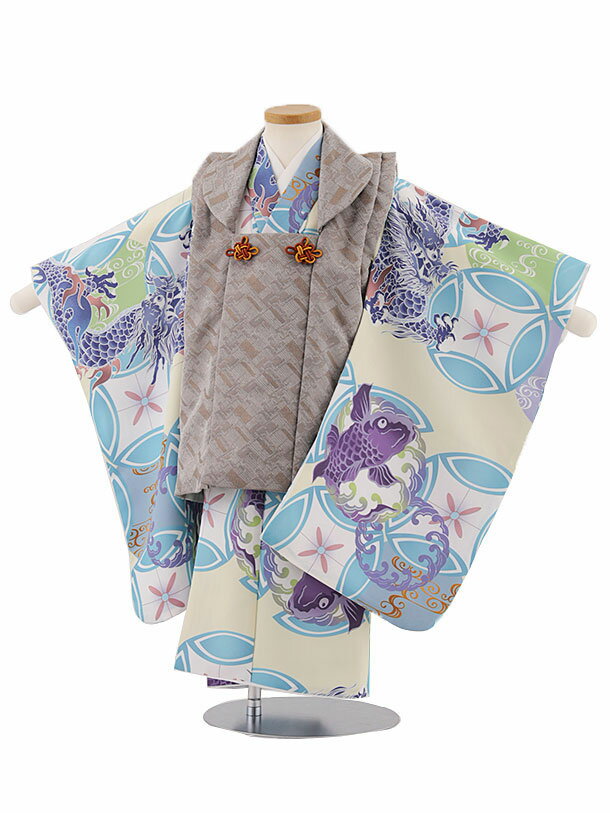 被布 レンタル 男児 七五三 被布 着物 レンタル 七五三 W262 グレーブラウン×クリーム 波に鯉と龍 3歳男の子 七五三 男児 着物 3歳 子供 きもの ...