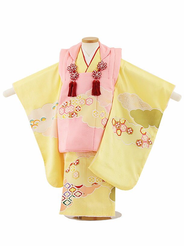 七五三 着物 3歳 レンタル 七五三 3歳 被布 セット 4698【正絹】ピンク×薄黄色 雲取り 女の子 七五三レンタル 3歳 女児 被布 七五三 三歳女児 被...