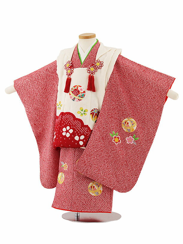 七五三 着物 3歳 レンタル 七五三 3歳 被布 セット 4699【正絹】白×赤絞り 金コマ刺繍 鞠 女の子 七五三レンタル 3歳 女児 被布 七五三 三歳女児...