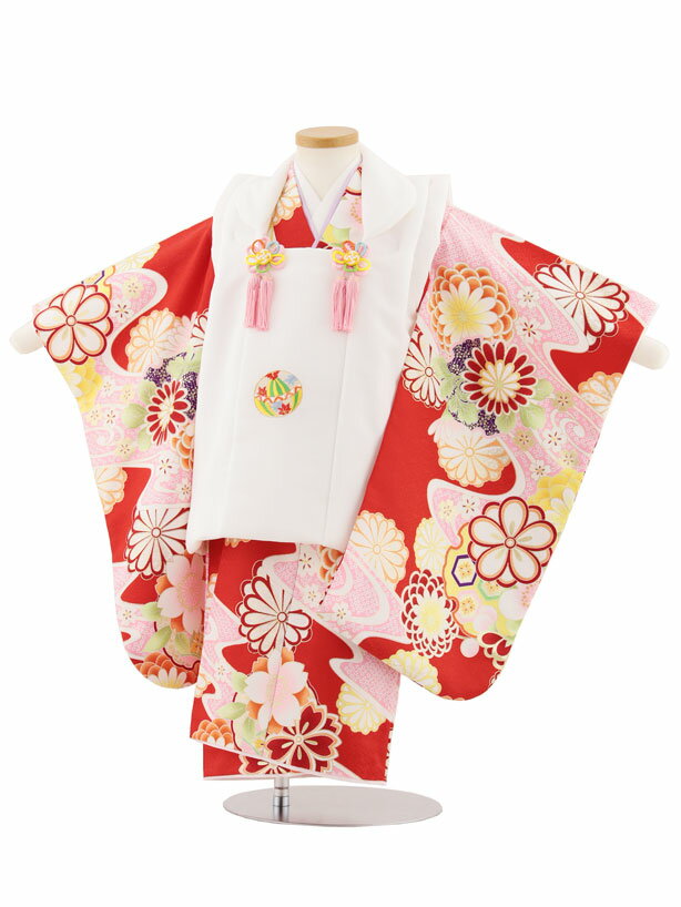 【レンタル】着物 七五三レンタル(3歳女児被布)4889 白地刺繍鞠×赤古典花 3歳 被布 フルセット 女の子 お祝い着 正月 3才 女児 きものレンタル〔往復送料無料〕