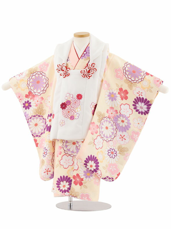 【レンタル】着物 七五三レンタル(3歳女児被布)4898 白花刺繍×クリームピンクぼかし菊 3歳 被布 フルセット 女の子 お祝い着 正月 3才 女児 きものレ...