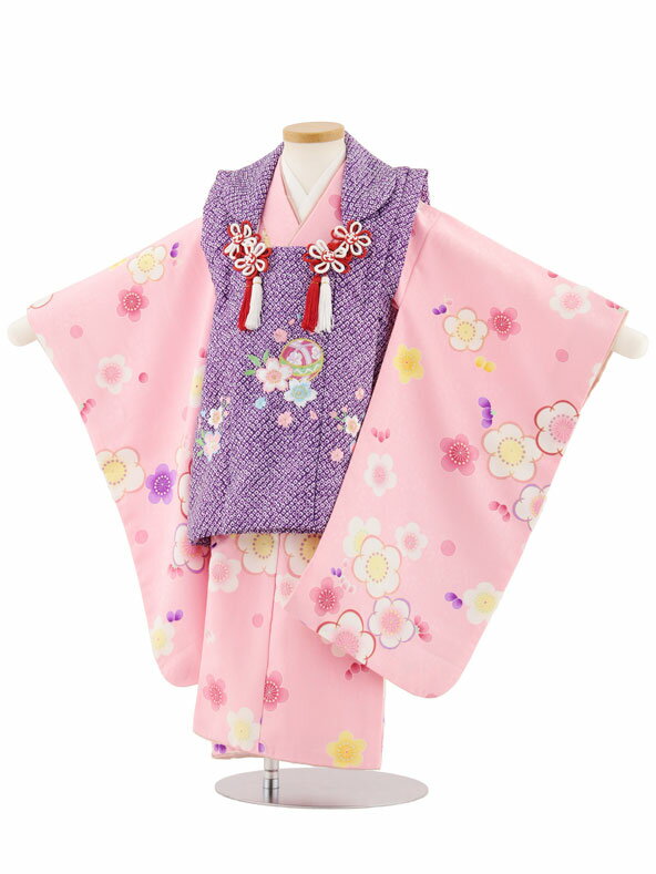 【レンタル】着物 七五三レンタル(3歳女児被布)4905 パープル刺繍桜×ピンク桜地 梅 3歳 被布 フルセット 女の子 お祝い着 正月 3才 女児 きものレンタル〔往復送料無料〕