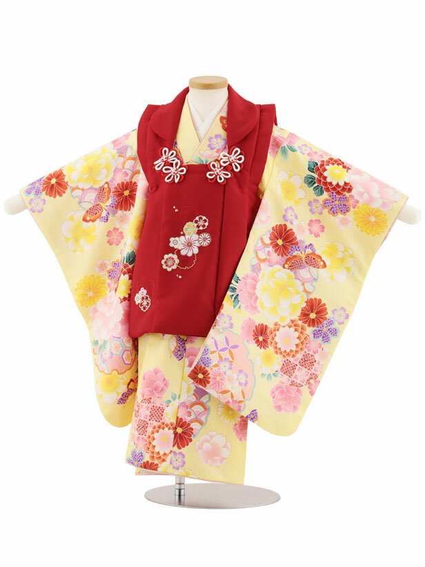 【レンタル】着物 七五三レンタル(3歳女児被布)4913 赤刺繍花×黄 雪輪に花蝶 3歳 被布 フルセット 女の子 お祝い着 正月 3才 女児 きものレンタル〔...