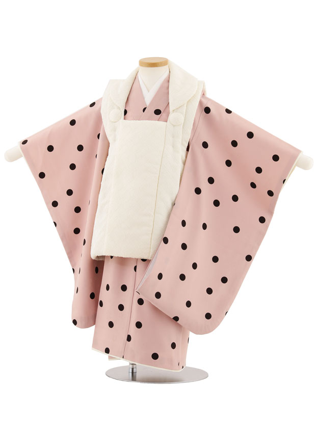 【レンタル】着物 七五三レンタル(3歳女児被布)4917 アイボリー×ピンク黒ドット 3歳 被布 フルセット 女の子 お祝い着 正月 3才 女児 きものレンタル〔往復送料無料〕