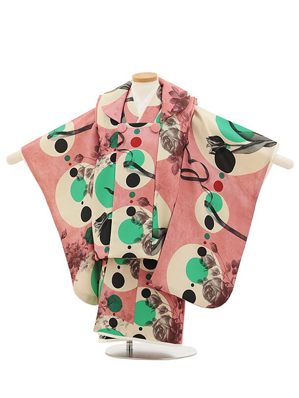 【レンタル】着物 七五三(3歳女児被布)O196【germer】連なる円ピンク 3歳 被布 フルセット 女の子 お祝い着 正月 3才 女児 きものレンタル〔往復...