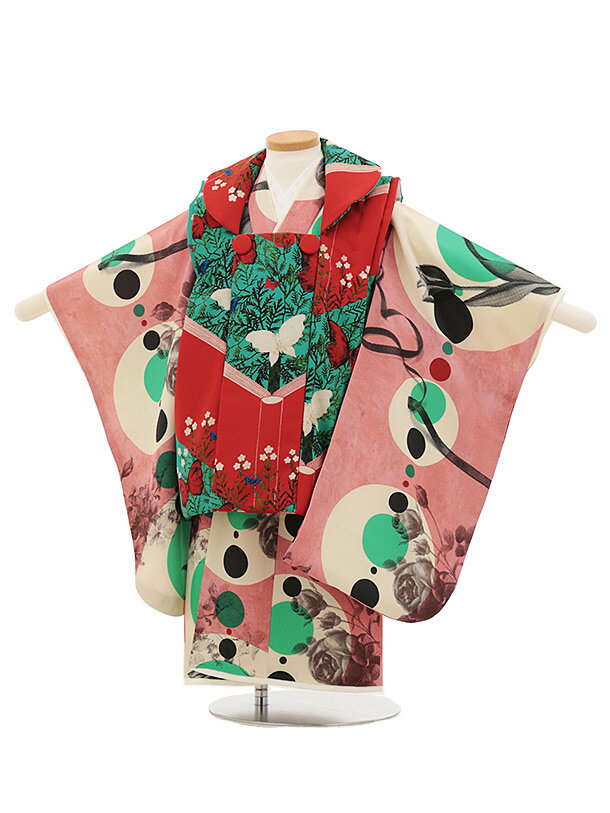 【レンタル】着物 七五三(3歳女児)O198【germer】絵本赤グリーン×連なる円ピンク 3歳 被布 フルセット 女の子 お祝い着 正月 3才 女児 きものレ...