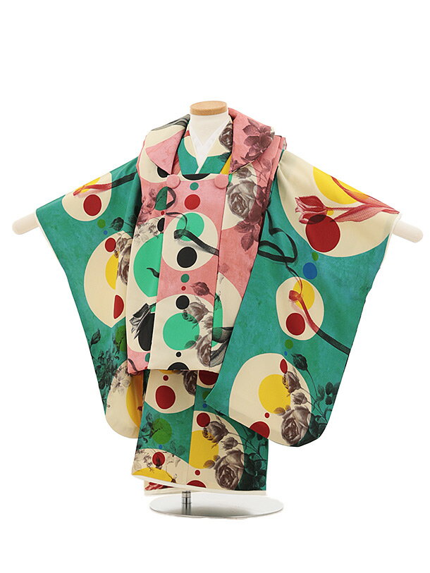 【レンタル】着物 七五三(3歳女児被布)O203【germer】連なる円ピンク×グリーン 3歳 被布 フルセット 女の子 お祝い着 正月 3才 女児 きものレン...