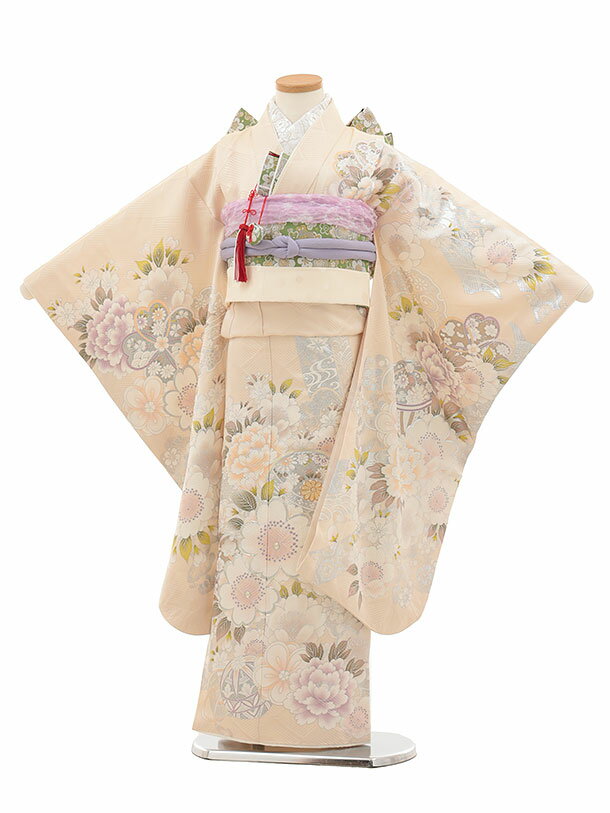 Rakuten - 【レンタル】着物 七五三(7歳結び帯)Y426【正絹】クリームベージュ 銀彩 鞠桜牡丹 7歳 結び帯 フルセット 女の子 お祝い着 正月 7才 女児 きものレンタル〔往復送料無料〕