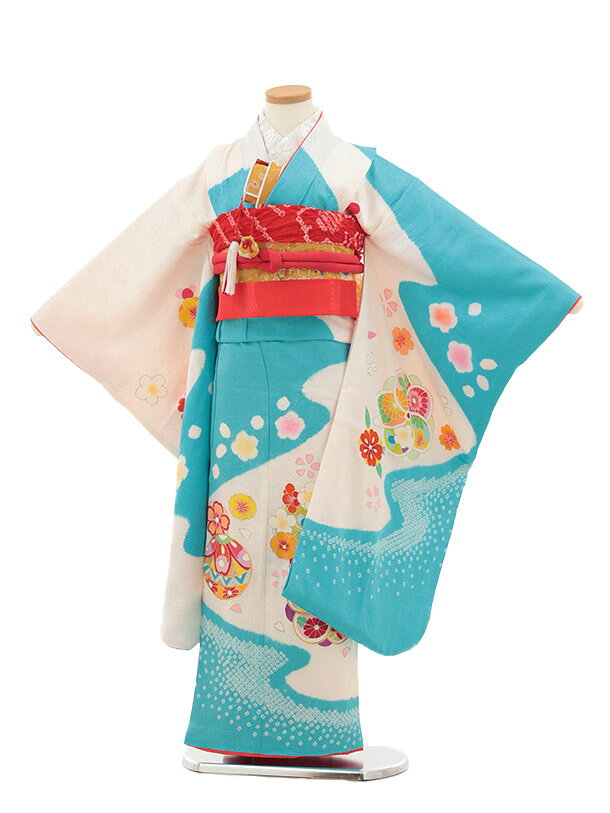 Rakuten - 【レンタル】着物 七五三(7歳結び帯)Y430【正絹】白ブルー 鞠に梅桜 7歳 結び帯 フルセット 女の子 お祝い着 正月 7才 女児 きものレンタル〔往復送料無料〕