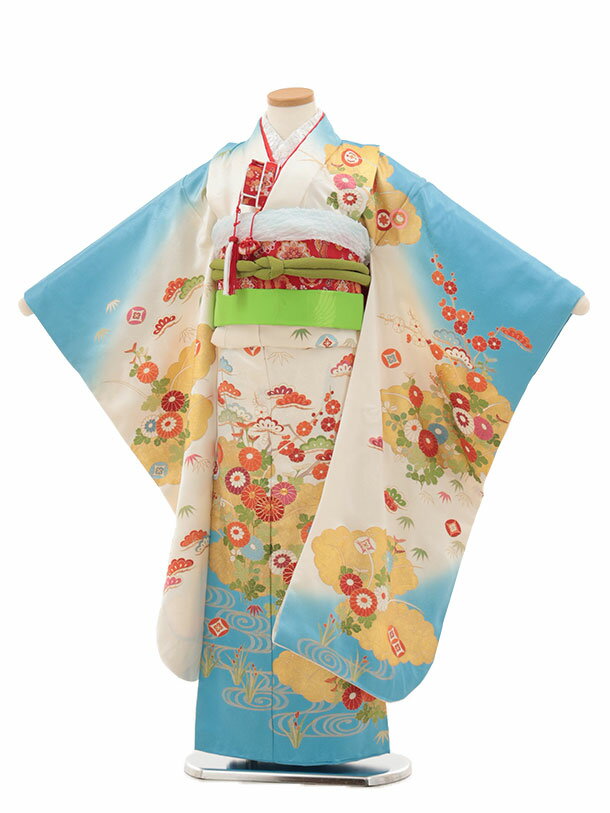 Rakuten - 【レンタル】着物 七五三(7歳結び帯)Y435【正絹】ブルーぼかし 古典花 7歳 結び帯 フルセット 女の子 お祝い着 正月 7才 女児 きものレンタル〔往復送料無料〕