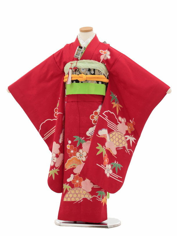 Kimono Set （Girls） - 【レンタル】着物 七五三(7歳結び帯)Y443【正絹】赤地 かごめに松竹梅 7歳 結び帯 フルセット 女の子 お祝い着 正月 7才 女児 きものレンタル〔往復送料無料〕