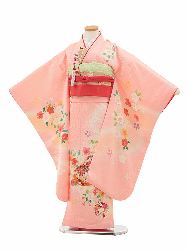 Rakuten - 【レンタル】着物 七五三(7歳結び帯)Y449【正絹】ピンク系 鈴に桜 7歳 結び帯 フルセット 女の子 お祝い着 正月 7才 女児 きものレンタル〔往復送料無料〕