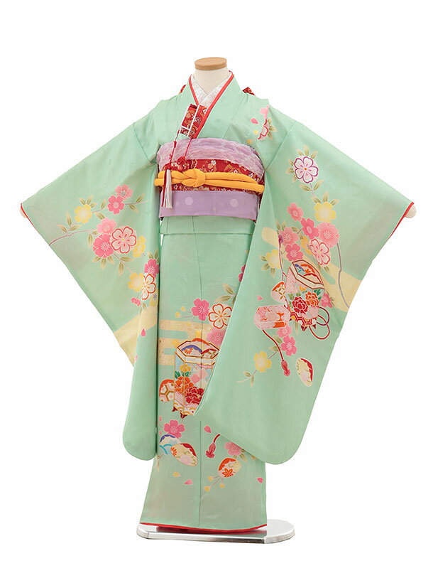 【レンタル】着物 七五三(7歳結び帯)Y450【正絹】若緑色 貝桶に桜 7歳 結び帯 フルセット 女の子 お祝い着 正月 7才 女児 きものレンタル〔往復送料無料〕