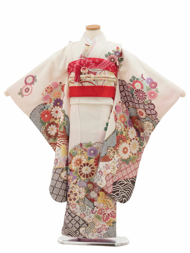 【レンタル】着物 七五三(7歳袋帯)Y477【高級正絹】桂由美 白地 金彩 波に花 7歳 袋帯 フルセット 女の子 お祝い着 正月 7才 女児 きものレンタル〔往復送料無料〕