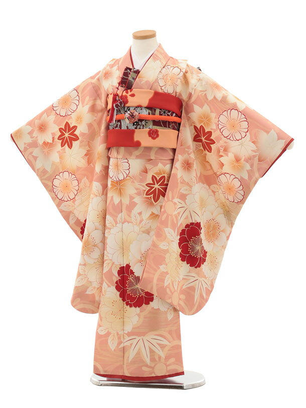Rakuten - 【レンタル】着物 七五三(7歳結び帯)Y499 京舞 サーモンピンク 八重桜 7歳 結び帯 フルセット 女の子 お祝い着 正月 7才 女児 きものレンタル〔往復送料無料〕