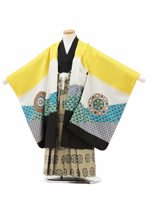 【レンタル】着物 かんたん七五三(5歳男袴)X671 黄色 ぼかし兜×山葵色袴 5歳 袴（簡単着付け） フルセ..