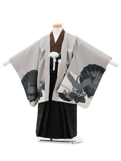 【レンタル】着物 七五三レンタル(5歳男袴)X688 グレージュ桐鶴×黒 5歳 袴 フルセット 男の子 お祝い着 正月 5才 男児 きものレンタル〔往復送料無料〕