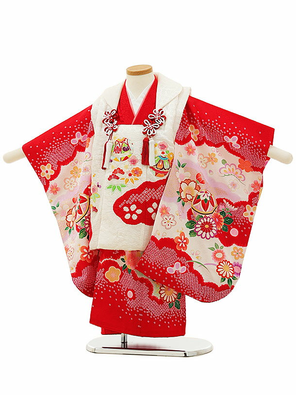 七五三 着物 3歳 レンタル 七五三 3歳 被布 セット4425【正絹】白x赤雲取り鞠 女の子 七五三レンタル 3歳 女児 被布 七五三 三歳女児 被布コート ...