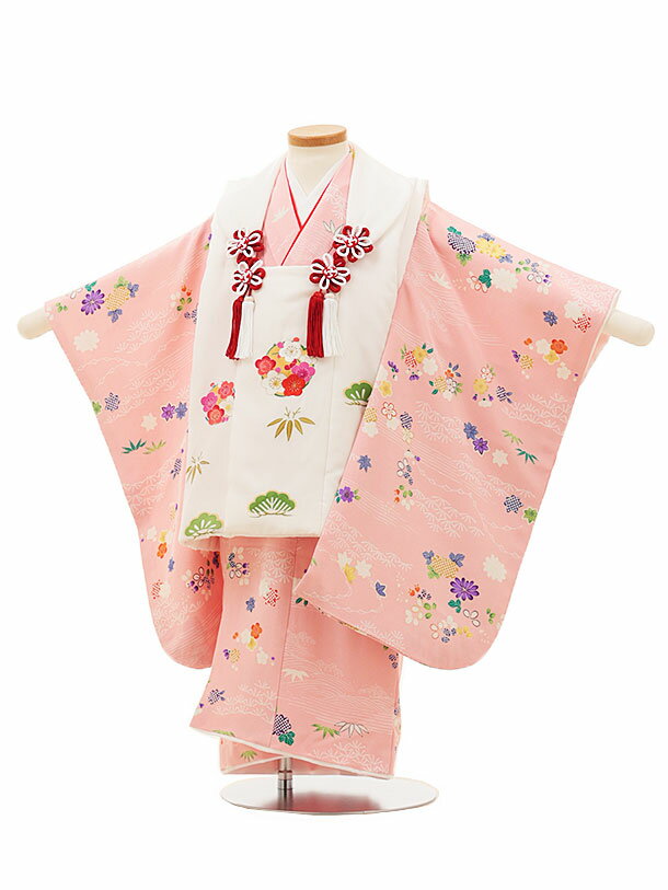 七五三 着物 3歳 レンタル 七五三 3歳 被布 セット 4467【正絹】白地松竹梅xピンク小紋 女の子 七五三レンタル 3歳 女児 被布 七五三 三歳女児 被...
