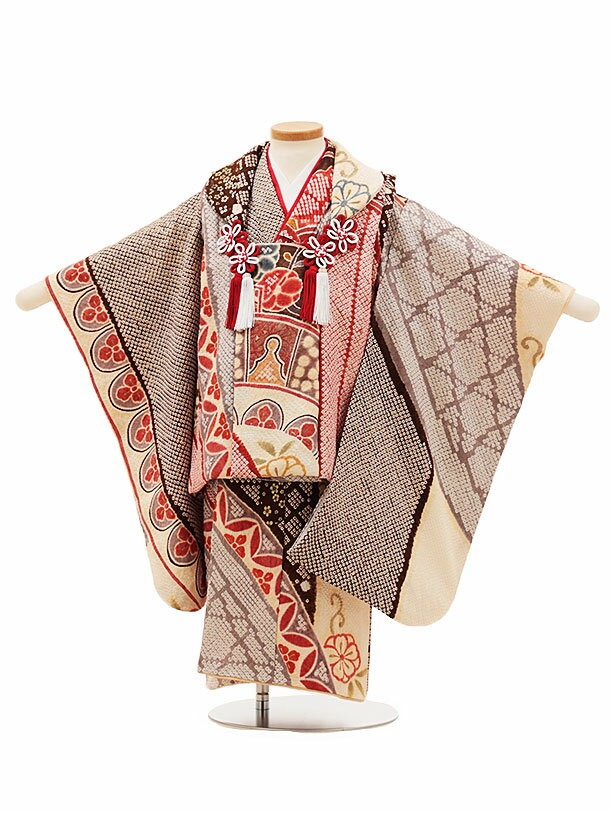 七五三 着物 3歳 レンタル 七五三 3歳 被布 セット 4475【正絹】茶赤疋田柄熨斗 女の子 七五三レンタル 3歳 女児 被布 七五三 三歳女児 被布コート...