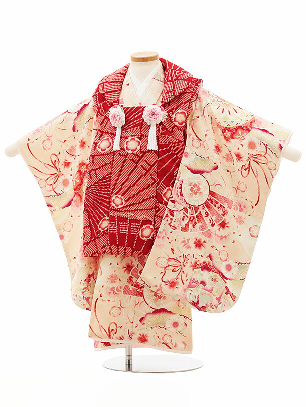 七五三 着物 3歳 レンタル 七五三 3歳 被布 セット 4516 華徒然 赤×ピンク桜扇面 女の子 七五三レンタル 3歳 女児 被布 七五三 三歳女児 被布コ...