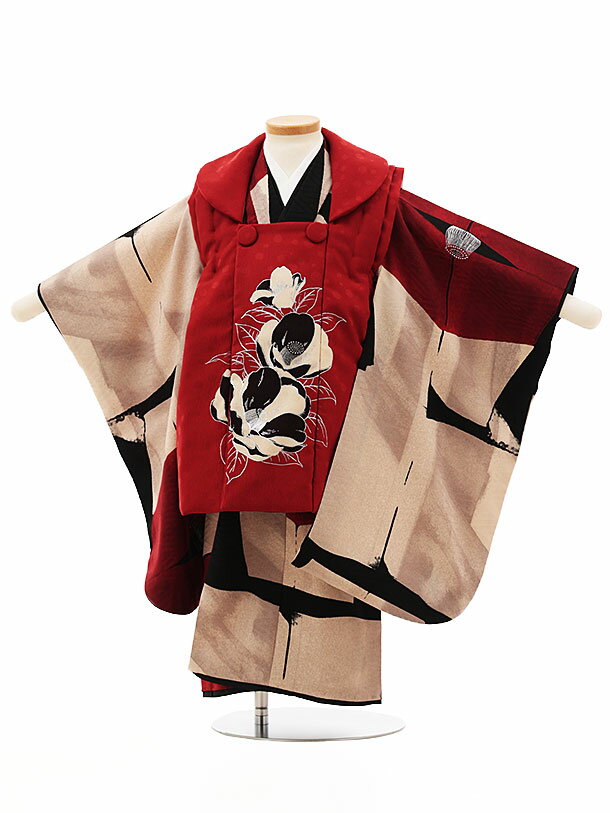 七五三 着物 3歳 レンタル 七五三 3歳 被布 セット 4518 モダンアンテナ 赤地椿×ベージュ赤 女の子 七五三レンタル 3歳 女児 被布 七五三 三歳女...