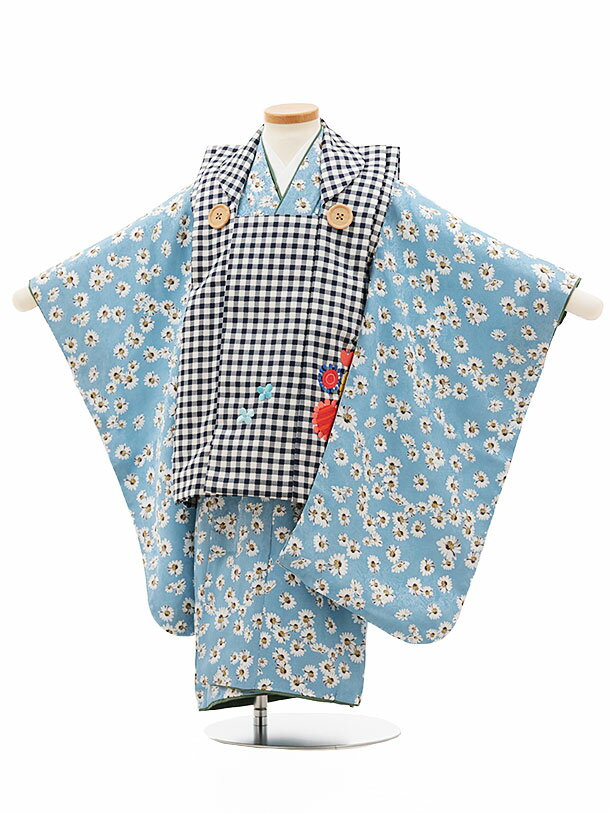 七五三 着物 3歳 レンタル 七五三 3歳 被布 セット 4527 ラフィネココ　紺チェック×水色小花 女の子 七五三レンタル 3歳 女児 被布 七五三 三歳女児 被布コート 子供 お祝い着 正月 3歳 3才 きものレンタル 新品足袋プレゼント 往復送料無料【レンタル】